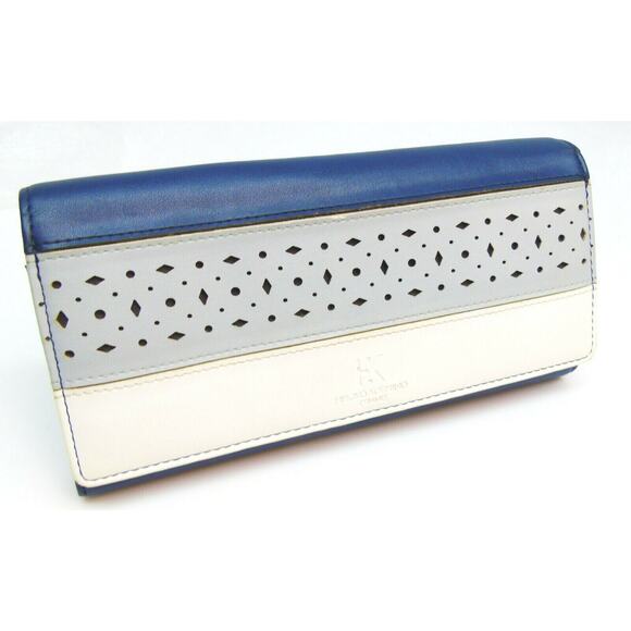 Hiroko Koshino Femme FULL WALLET Blue White Tan HK Logo Snap Zip Closure - Picture 6 of 7